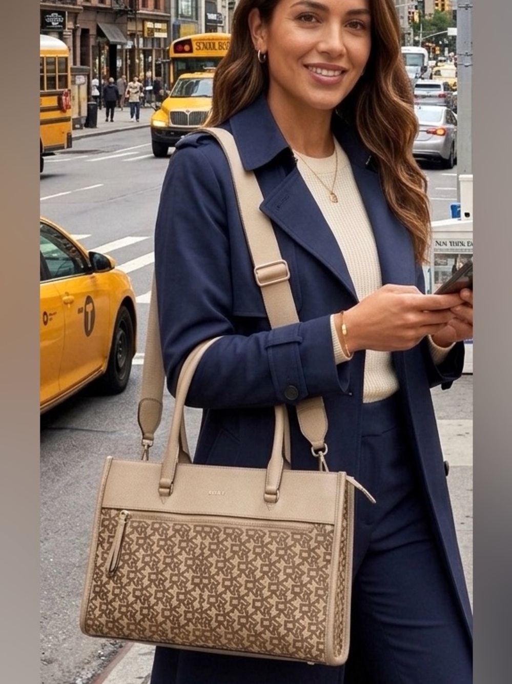 DKNY Beige and Brown Monogram Satchel Crossbody bag